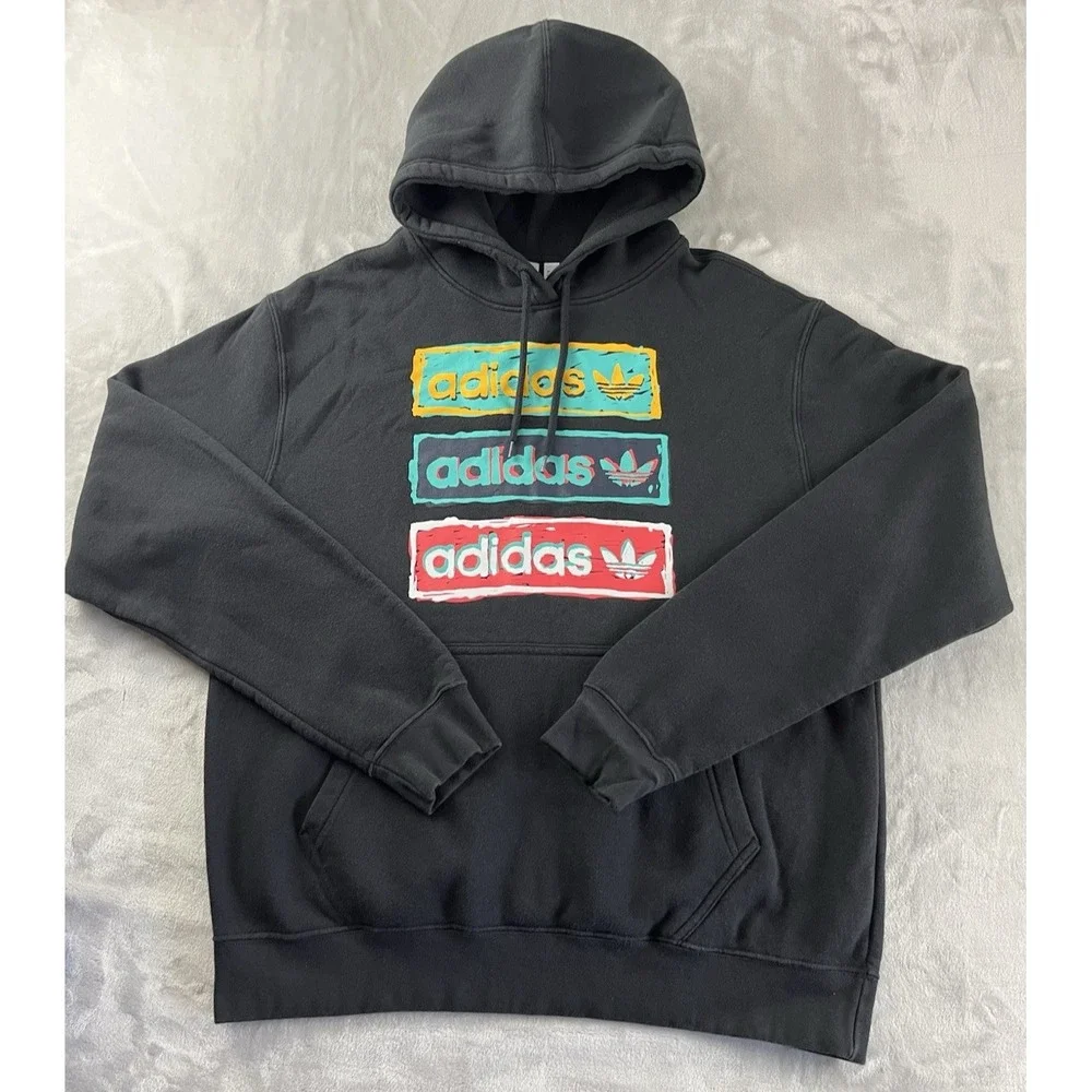 Adidas Hooded Men Large Black Fleece Trefoil Kangaroo ADIDAS Graphic Sweatshirt